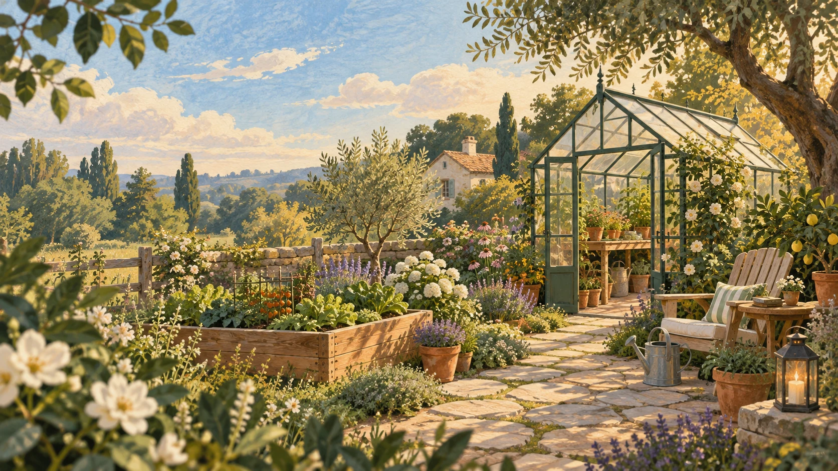 An illustrated greenhouse garden filled with flowers, raised beds, terracotta pots and a quiet chair
