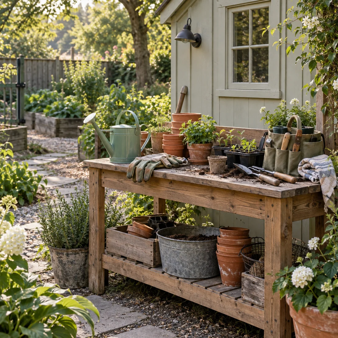 A sunlit garden workbench with a watering can, terracotta pots, seedlings and hand tools